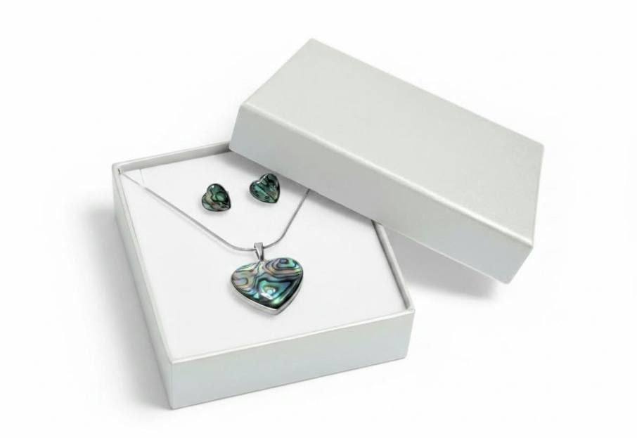 SET Paua: Přívěsek srdíčko s řetízkem + náušnice velké + krabička